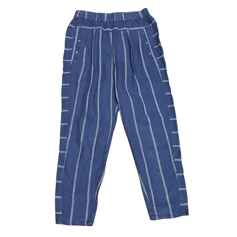 ANTHROPOLIGIE Blue/White Striped Linen Pants Elastic Waist Tapered Boho Beach XS